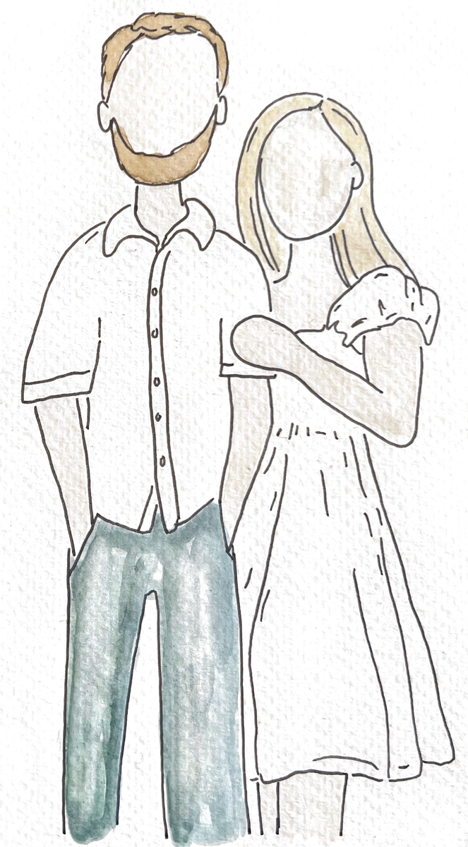 Nicole’s ink and watercolor mini portrait of a couple, he in blue jeans and she in a white sundress