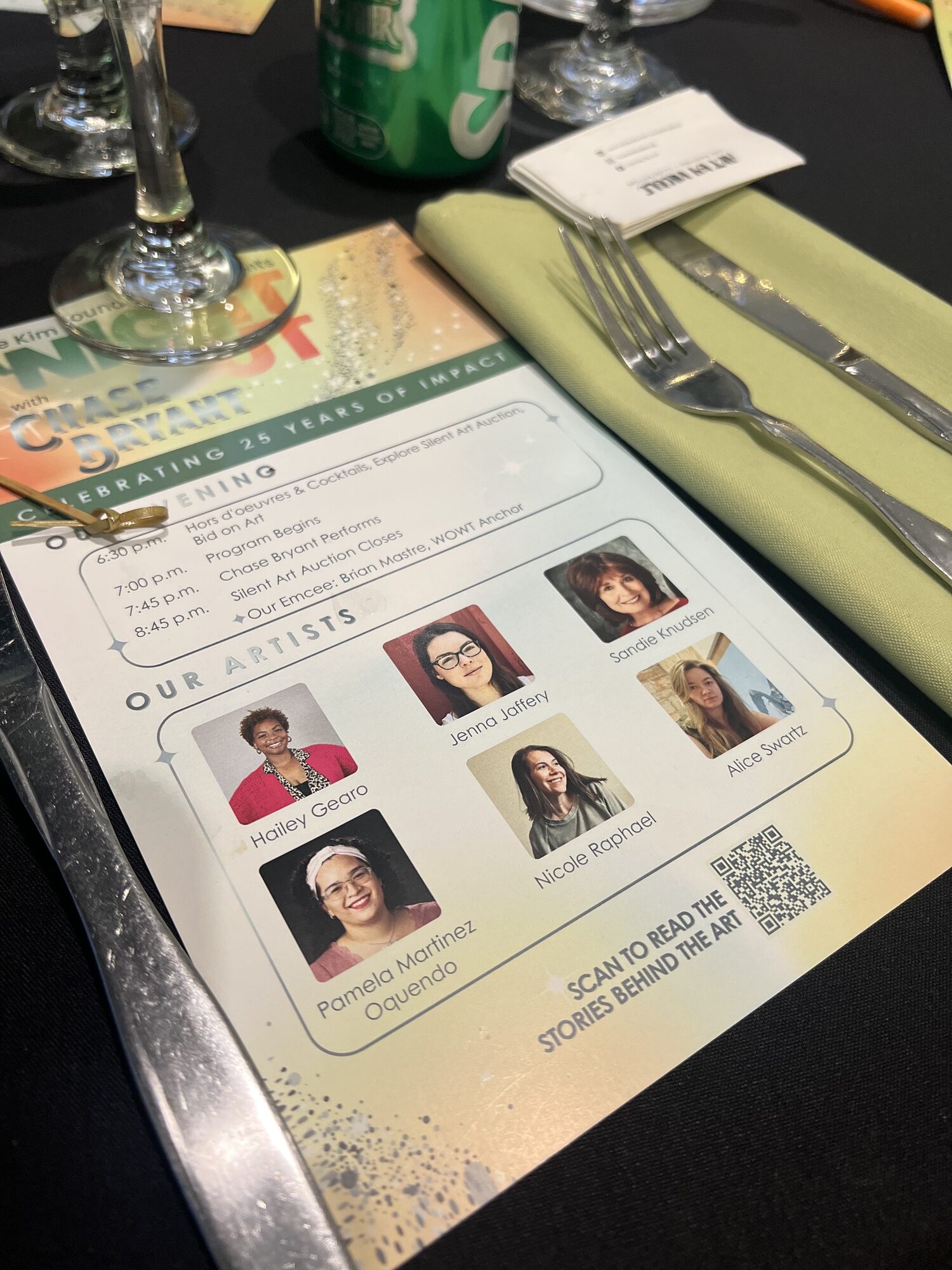 The Night Out program on a table setting, listing the evening and the six featured artists, Nicole among them