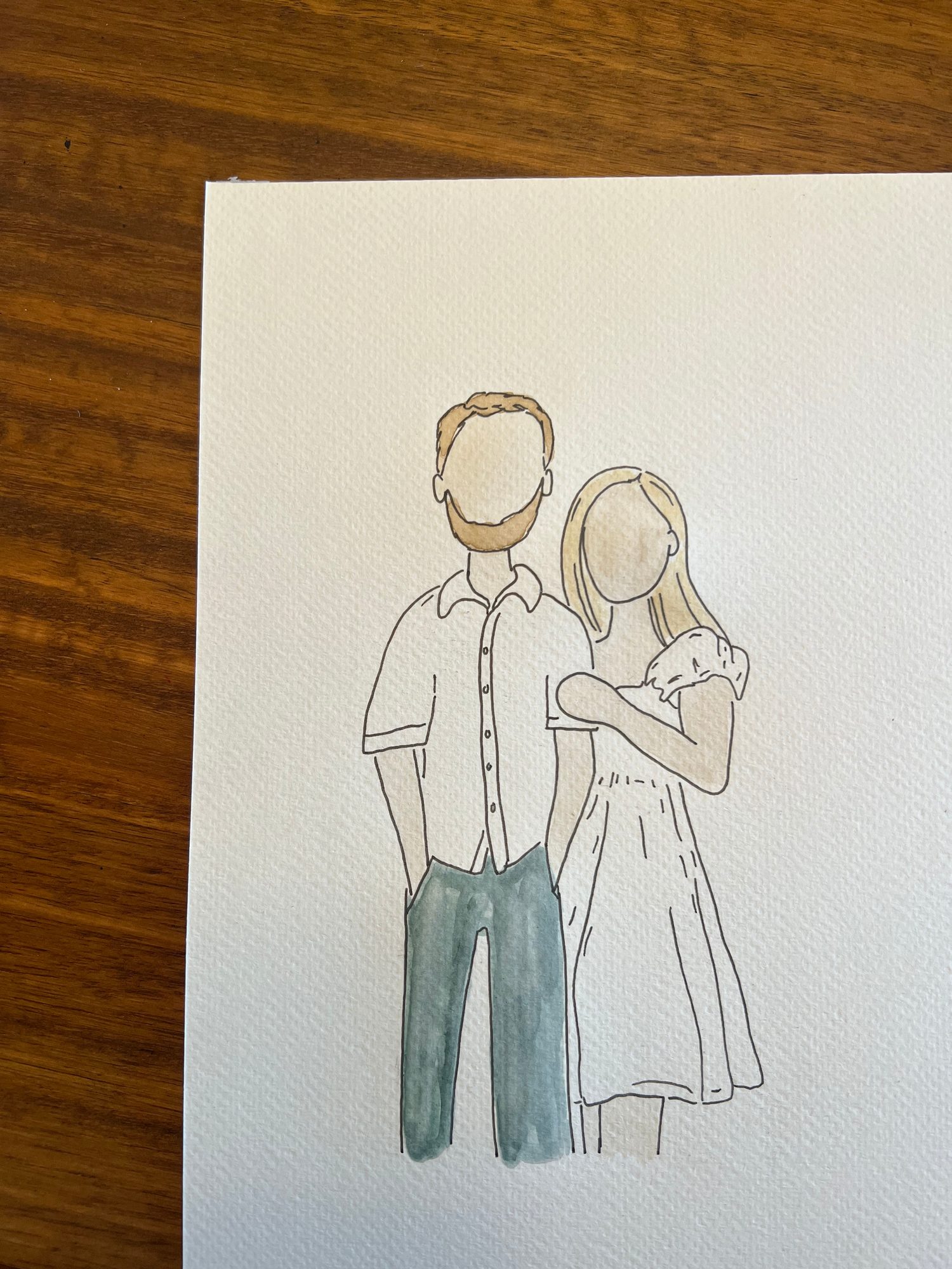 Mini watercolor portrait of a couple, he in blue jeans and she in a white sundress