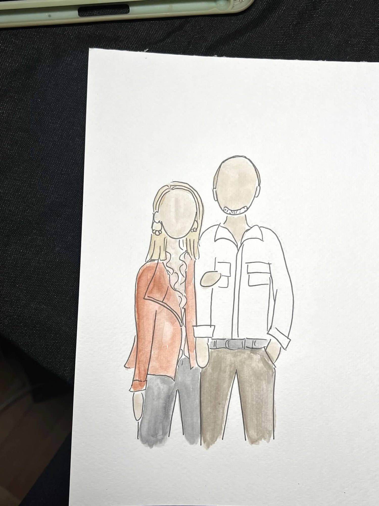 Mini watercolor portrait of a couple, ink linework with a rust-red jacket