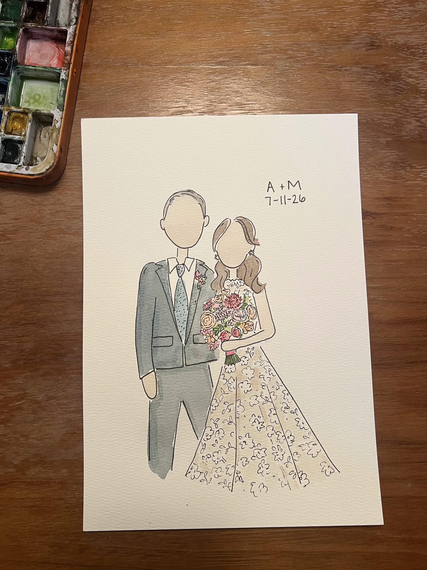 Mini watercolor portrait of a bride in a lace gown holding her bouquet beside the groom